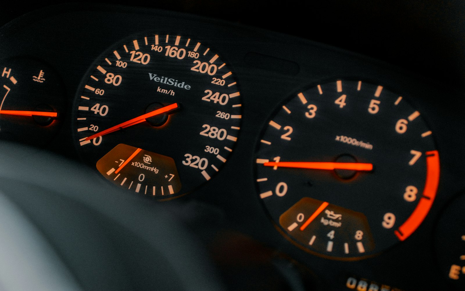 Close-up of a car’s speedometer and tachometer