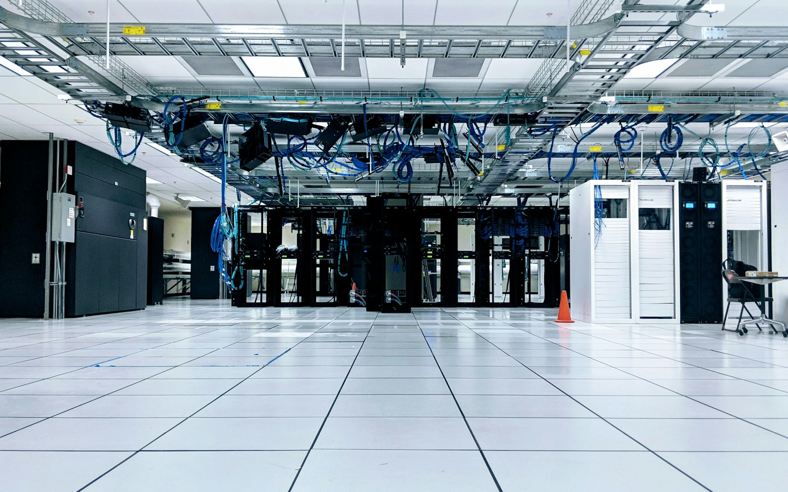 Data center with rows of server cabinets